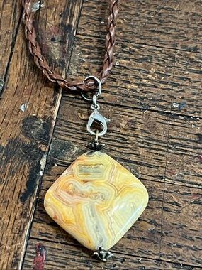 Handcrafted Yellow Jasper Agate Pendant Necklace - Brown Braided Cord